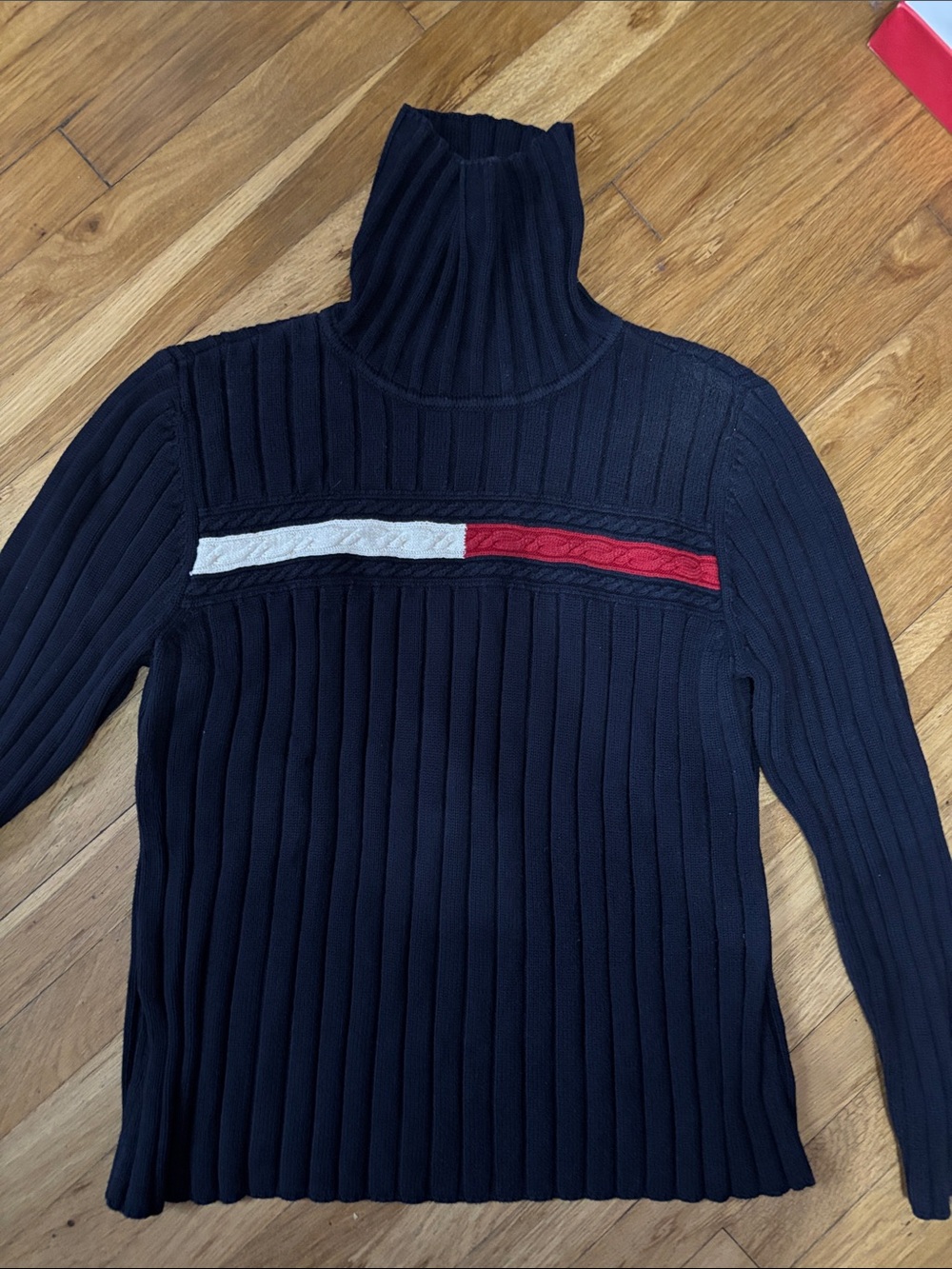 Tommy Hilfiger Navy Ribbed Turtleneck with Red & White Chest Stripe